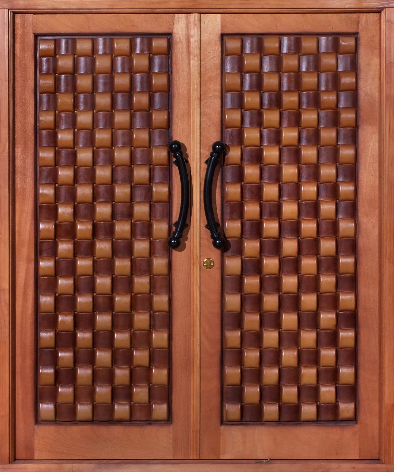 Rustic majestic double wooden doors pre-hung in frame with black handles and lock