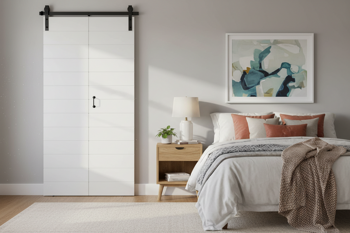 Modern bedroom with a bed, nightstand, and abstract art on the wall.