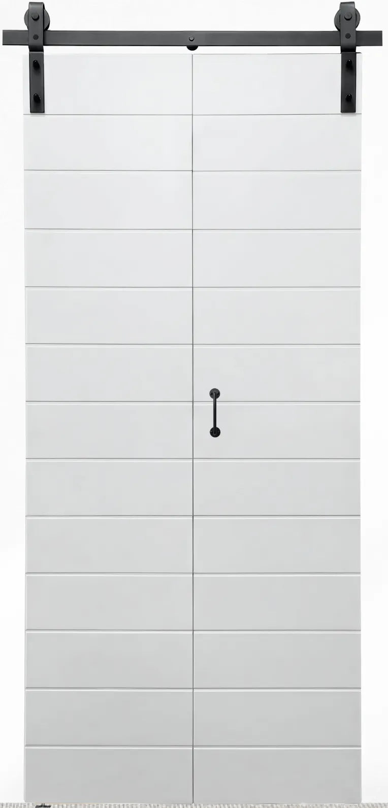 Roma Matt White Bi-Fold Barn Door closed showing horizontal panel design and black hardware.