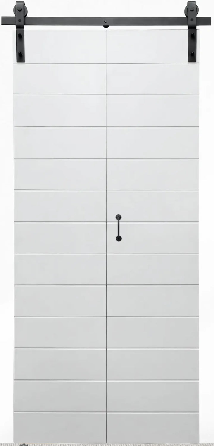 Roma Matt White Bi-Fold Barn Door closed showing horizontal panel design and black hardware.