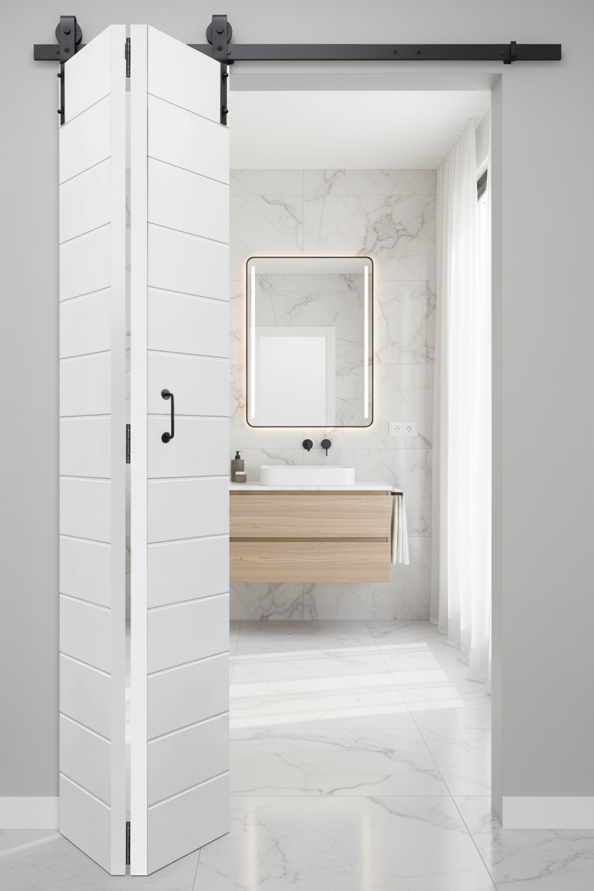 Bathroom with white sliding door and vanity area