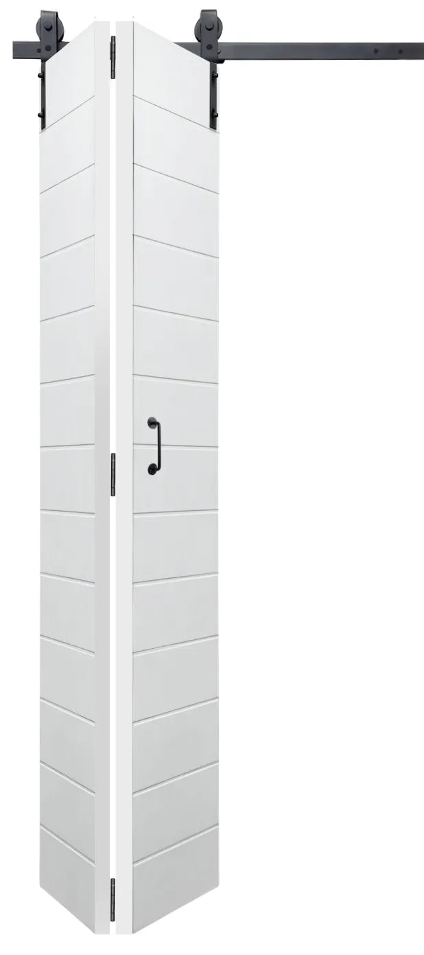 Roma Bi-Fold Barn Door in half-open position demonstrating space-saving folding mechanism.