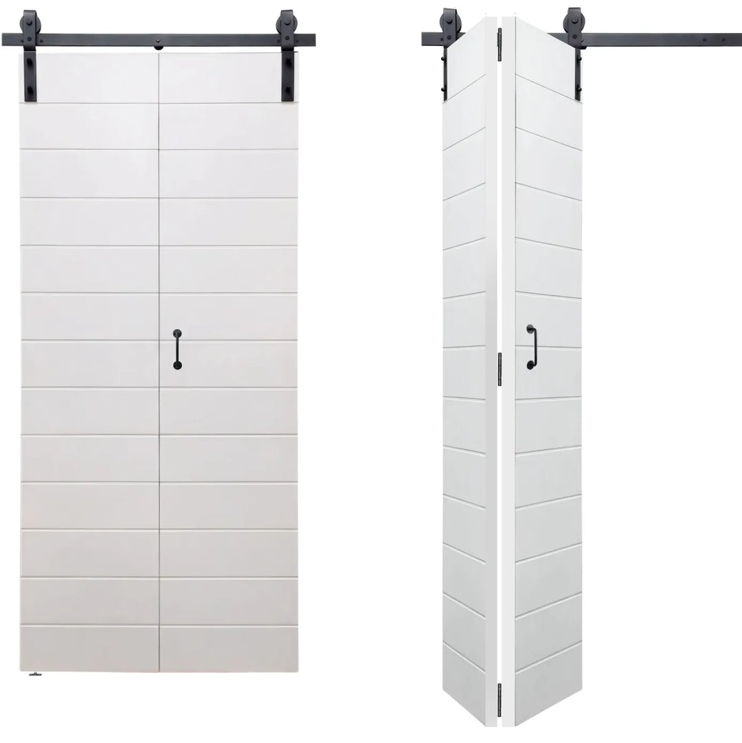 Open and closed views of the Roma 910mm x 2050mm Matt White Bifold Door system.