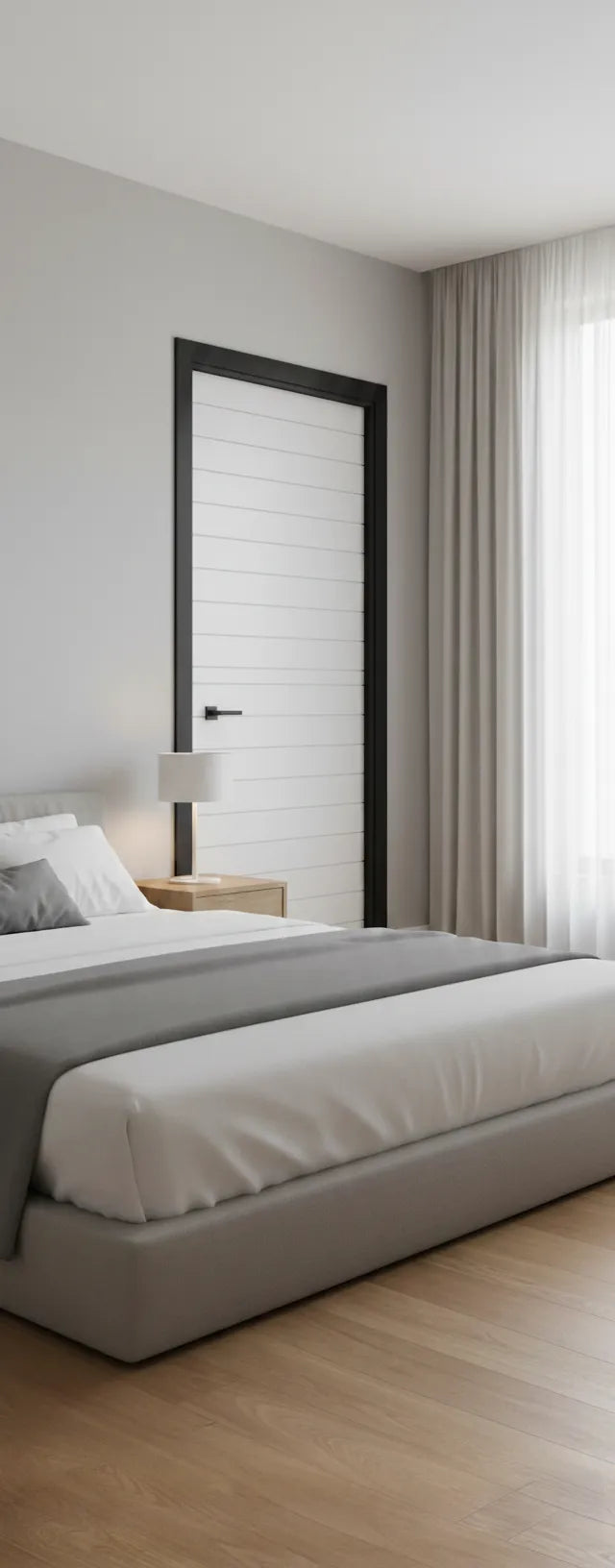 Modern bedroom with a bed, nightstand, and mirror and white grooved door in the background
