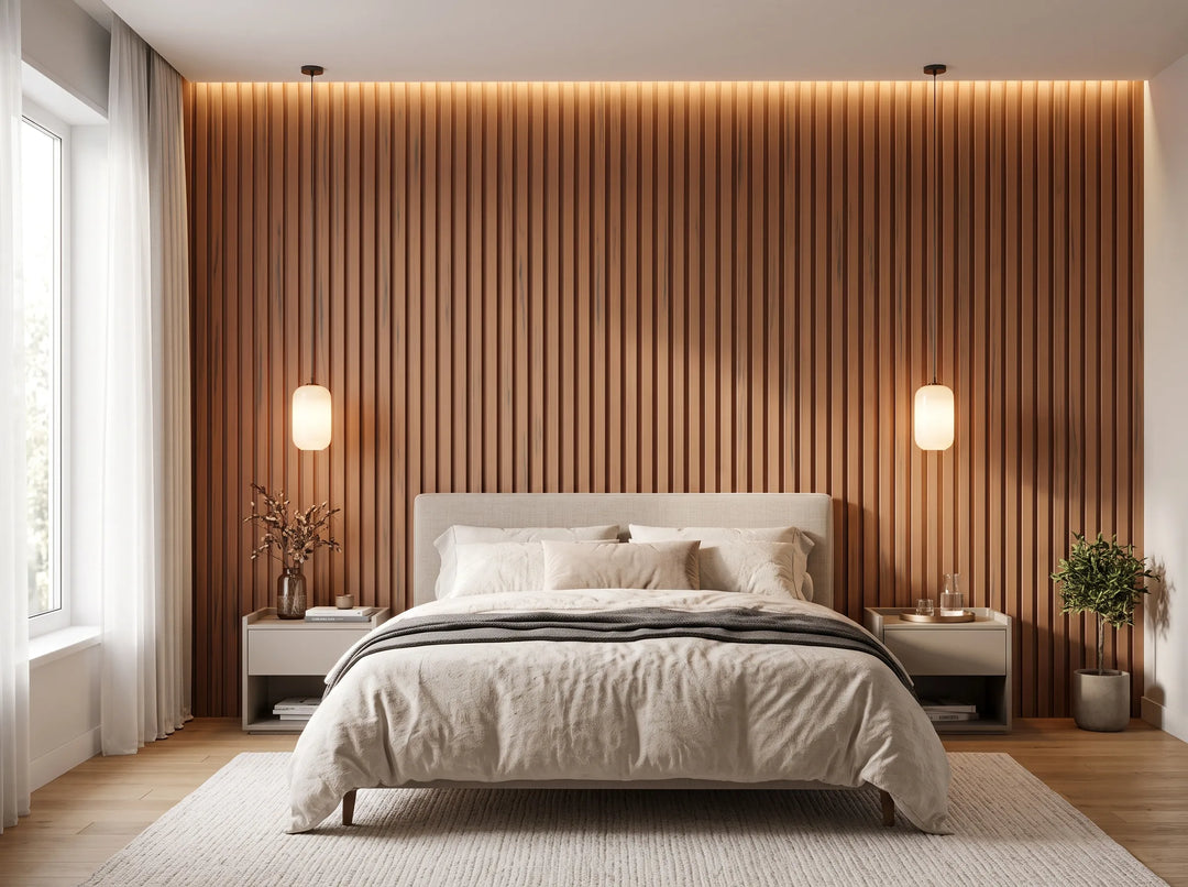 4 Everdeck® Rosewood Ultra Fluted PVC wall panels forming a bedroom feature wall behind the bed with warm accent lighting.