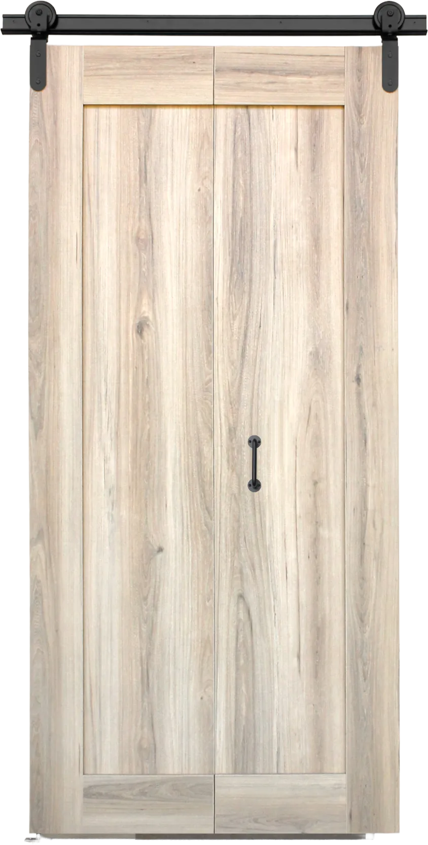 Sahara bi-fold barn door closed — light Sahara wood-grain melamine finish with black barn-style handle and top-hung sliding track