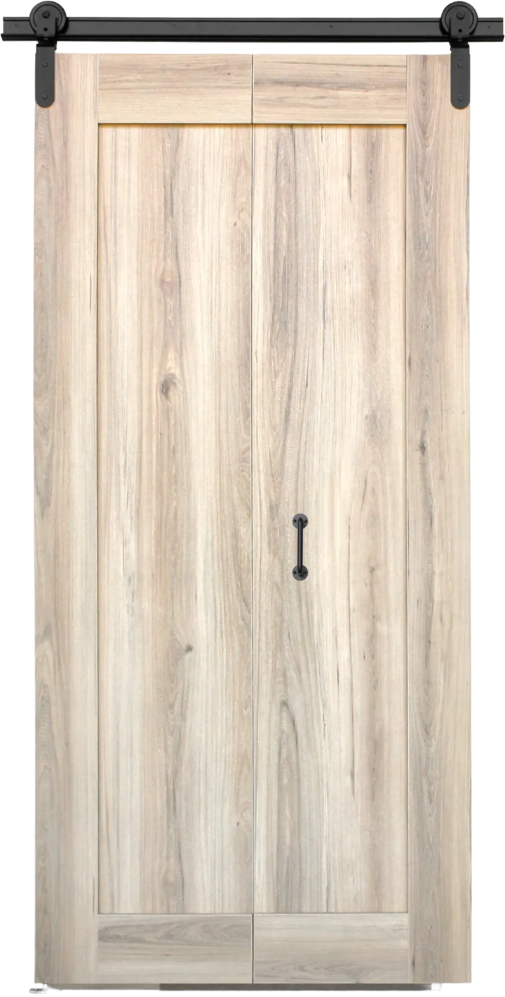 Sahara bi-fold barn door closed — light Sahara wood-grain melamine finish with black barn-style handle and top-hung sliding track