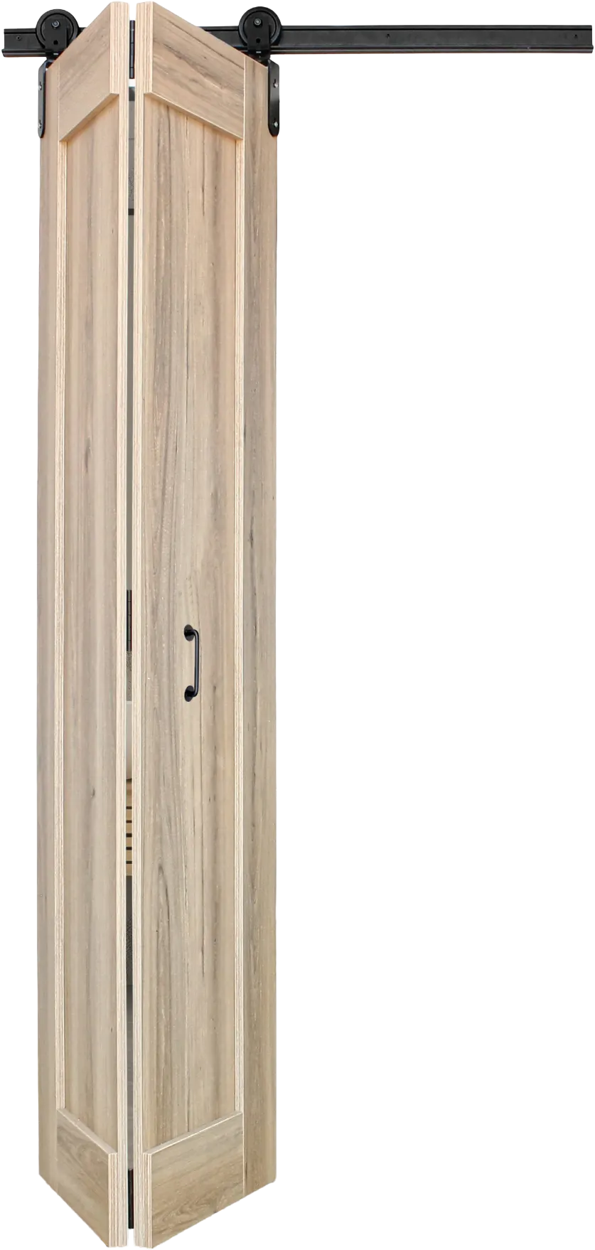 Sahara bi-fold barn door shown in open/folded position on black powder-coated aluminium sliding track — 950 x 2050mm melamine interior door