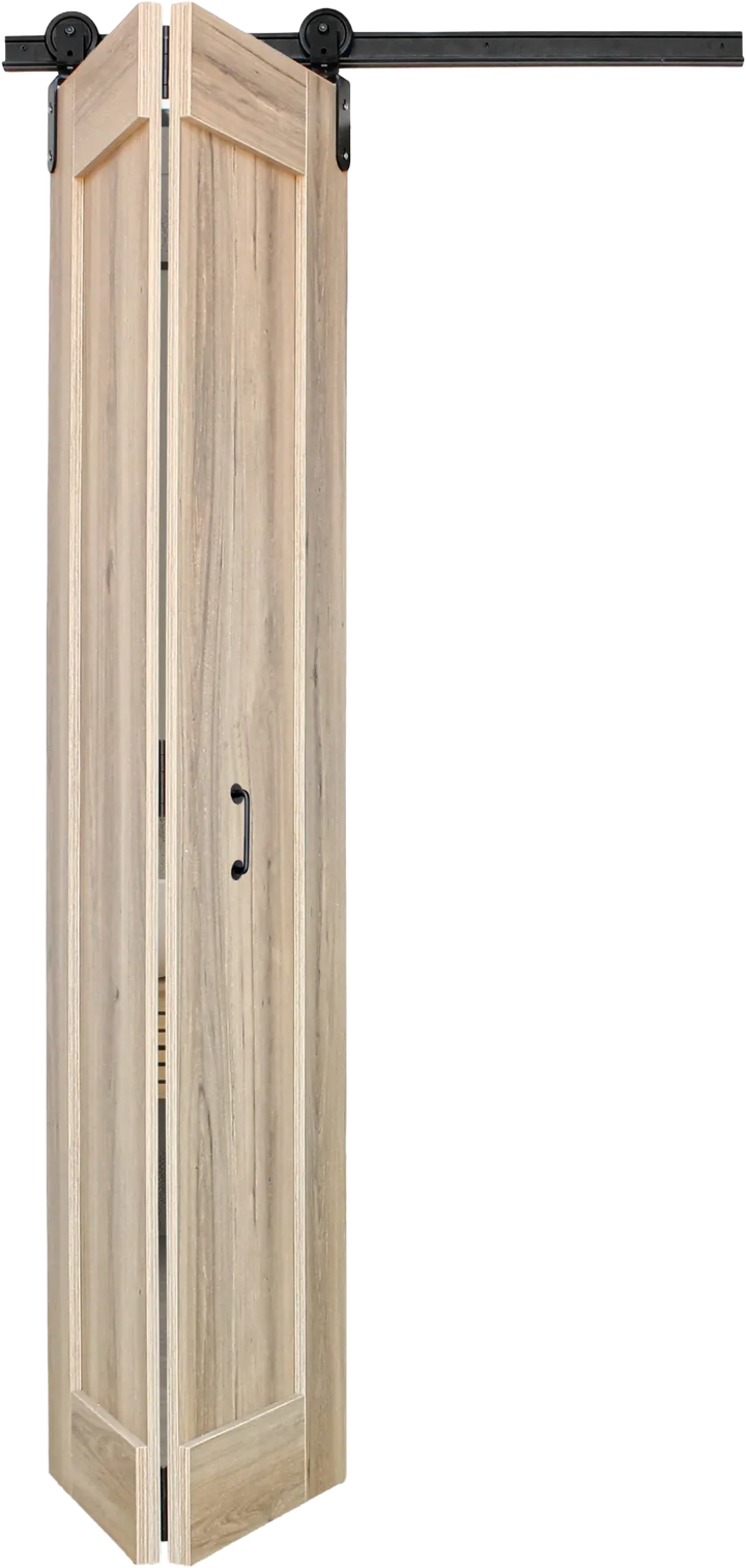 Sahara bi-fold barn door shown in open/folded position on black powder-coated aluminium sliding track — 950 x 2050mm melamine interior door