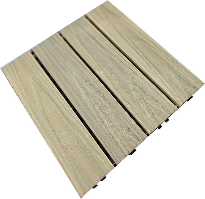 4 Everdeck® Composite Decking Tile in Sandstone color, showing interlocking base.