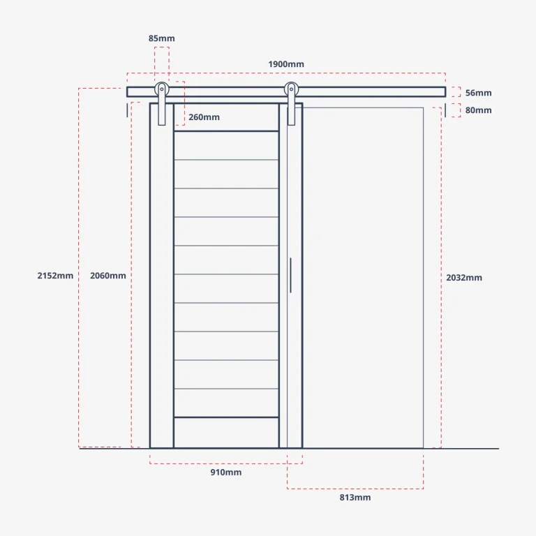 A technical dimension diagram of the Eclipse sliding barn door, showing measurements in millimeters for width, height, and panel spacing on a light gray background.