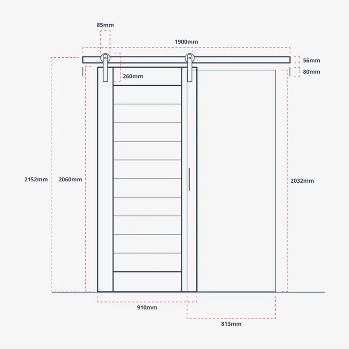 A technical dimension diagram of the Eclipse sliding barn door, showing measurements in millimeters for width, height, and panel spacing on a light gray background.