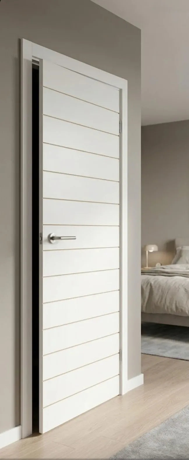 Swartland 15 Panel White wooden door with horizontal slats in a room setting