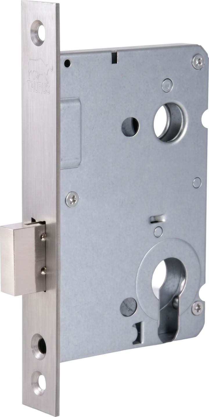 TAURUS cylinder deadlock showing the silver lock case, faceplate, projecting deadbolt and Euro-profile cylinder opening