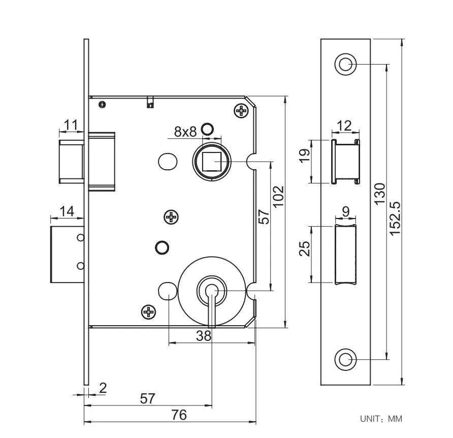 TAURUS lock technical drawing showing side and faceplate views, 57mm backset and fitting dimensions in millimetres