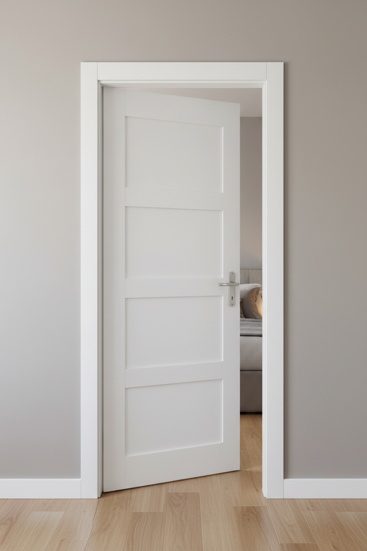 White 4 Panel Shaker door with a silver handle in a room with a bed and neutral walls.