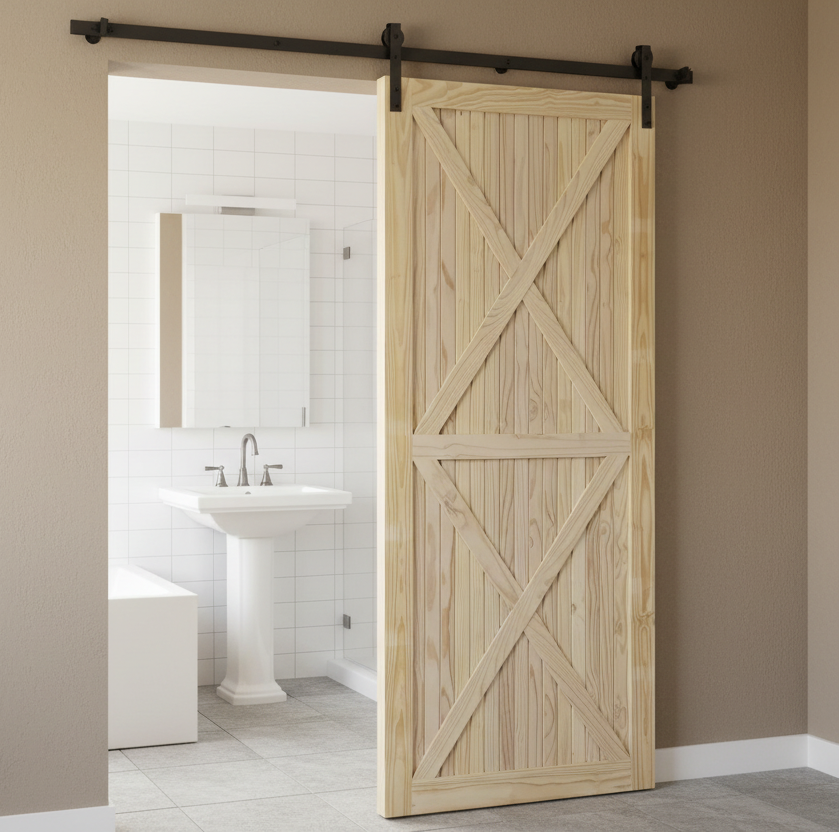 Wooden sliding barn door in a bathroom setting