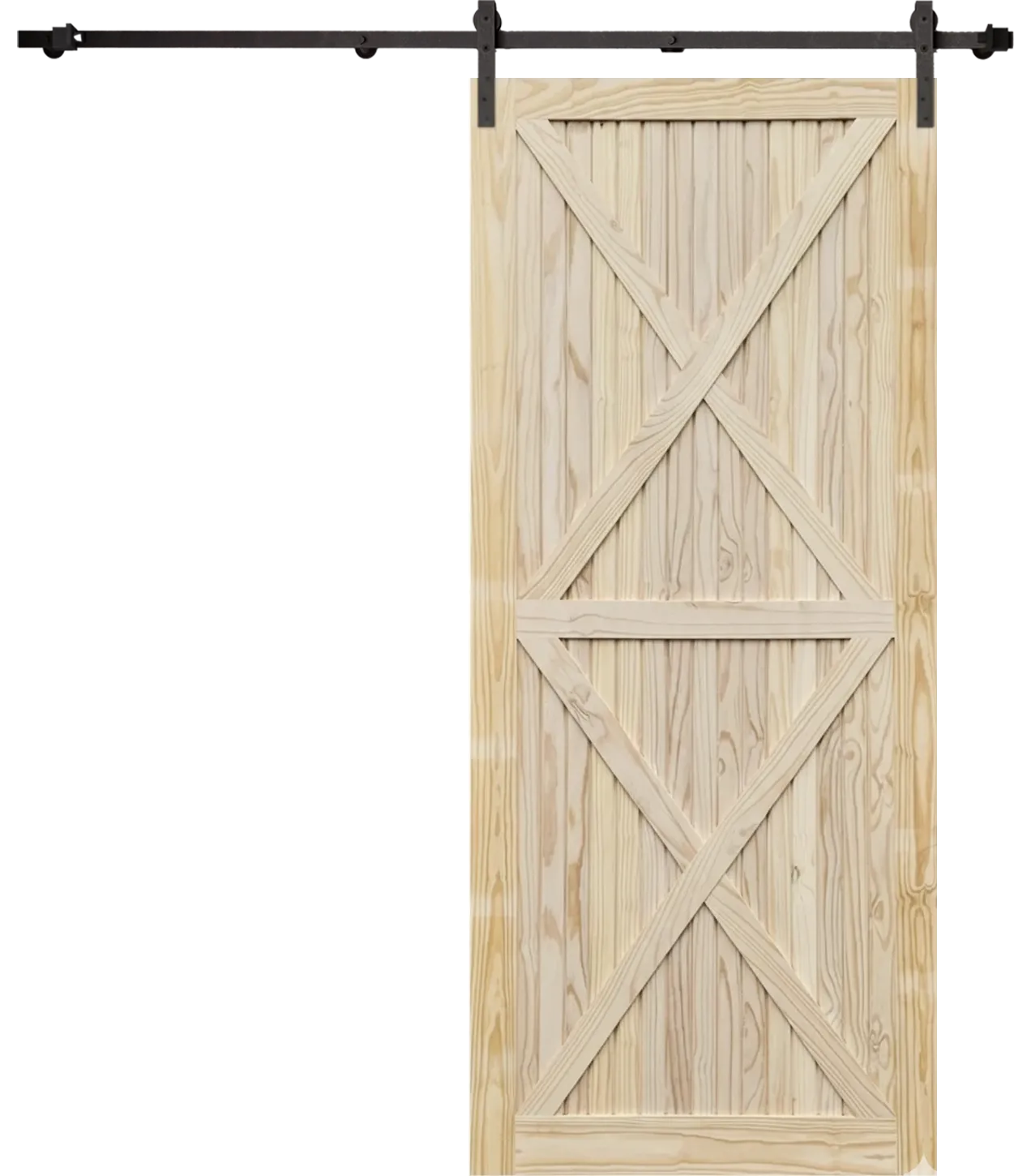 Complete X-Braced pine barn door kit including black sliding track hardware.