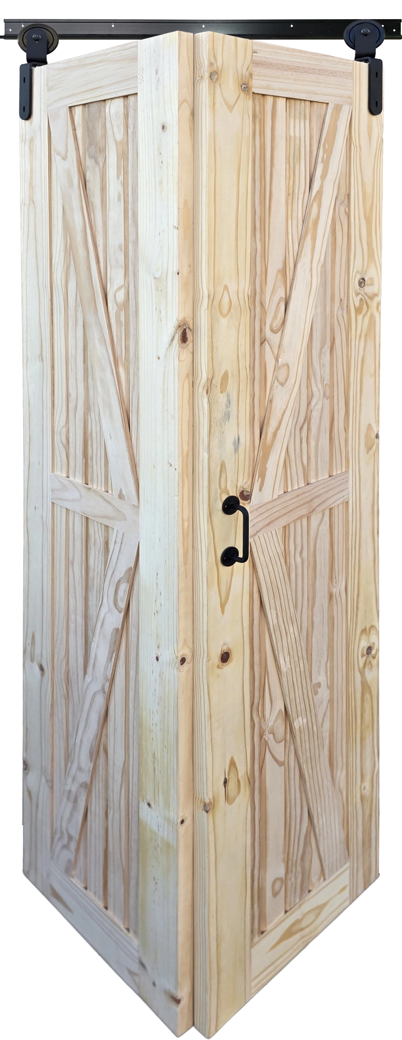 Unfinished X-Braced Pine Bifold Door with rustic barn door style