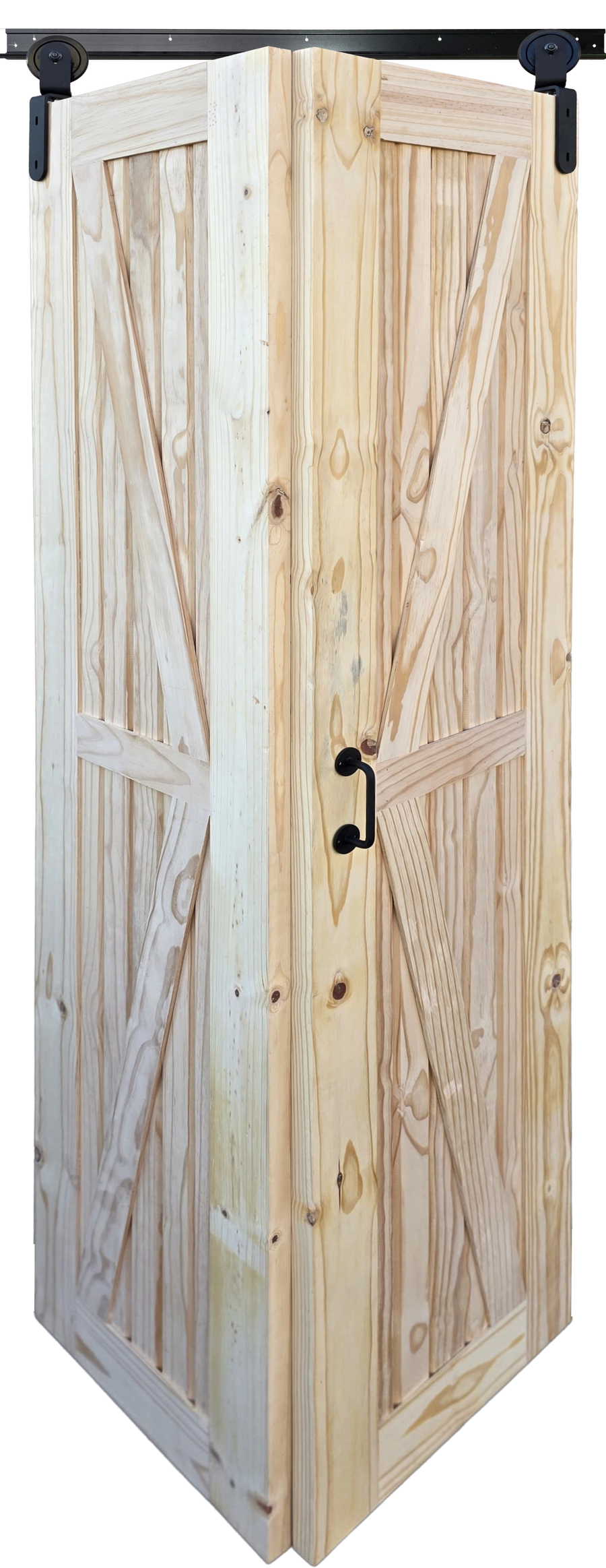 Unfinished X-Braced Pine Bifold Door with rustic barn door style
