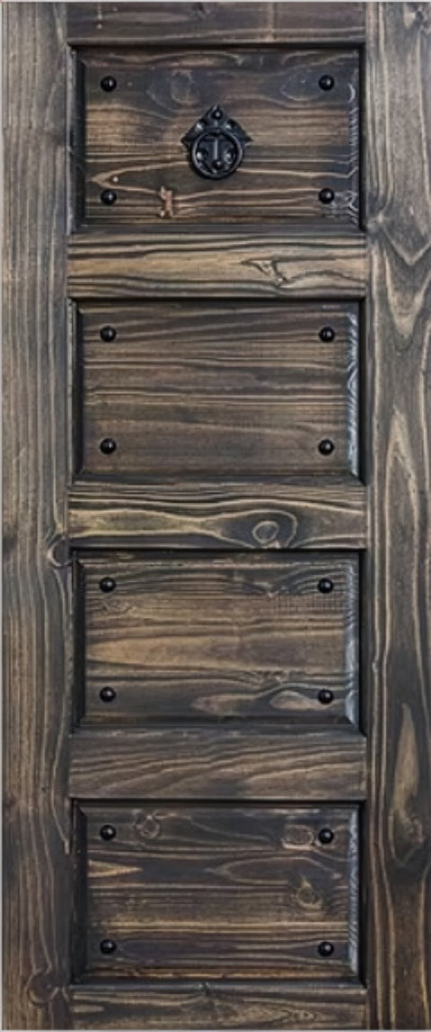 Ebony Vintage Semi-Exterior Door – engineered pine with studded 4-panel design in ebony stain