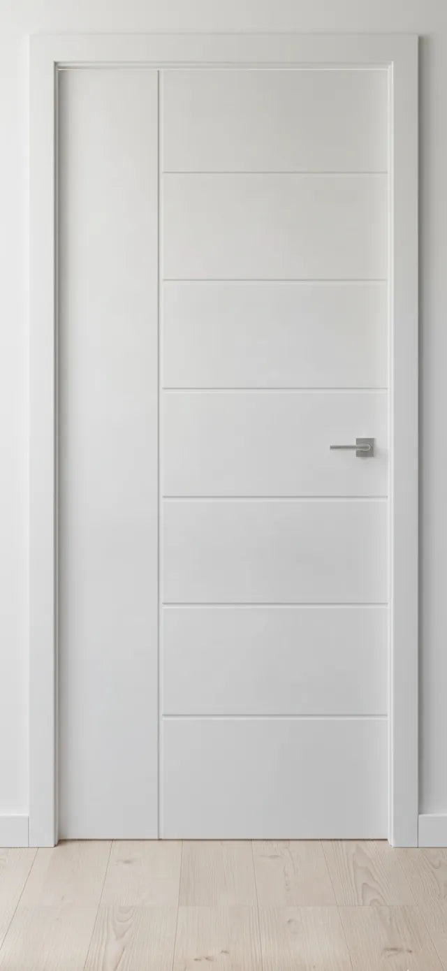 Boston White grooved interior door featuring 6mm skins and 3mm deep square profile grooves in a bright, modern lifestyle setting.