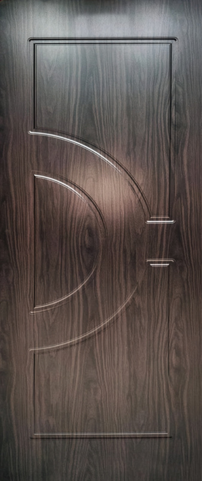 Brown Walnut Semi-Circle internal door with moisture-resistant PVC skin, featuring a decorative curved moulded design, size 813x2032x40mm.