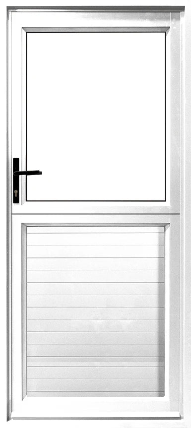 White Aluminium Glass Top Panel Bottom Stable Door with a black handle