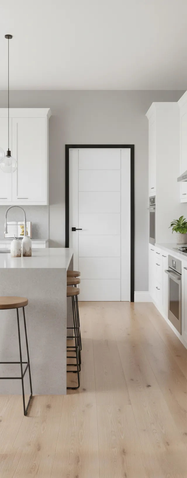 White Palermo door in a Modern kitchen with white cabinets, wooden floor, and minimal decor.
