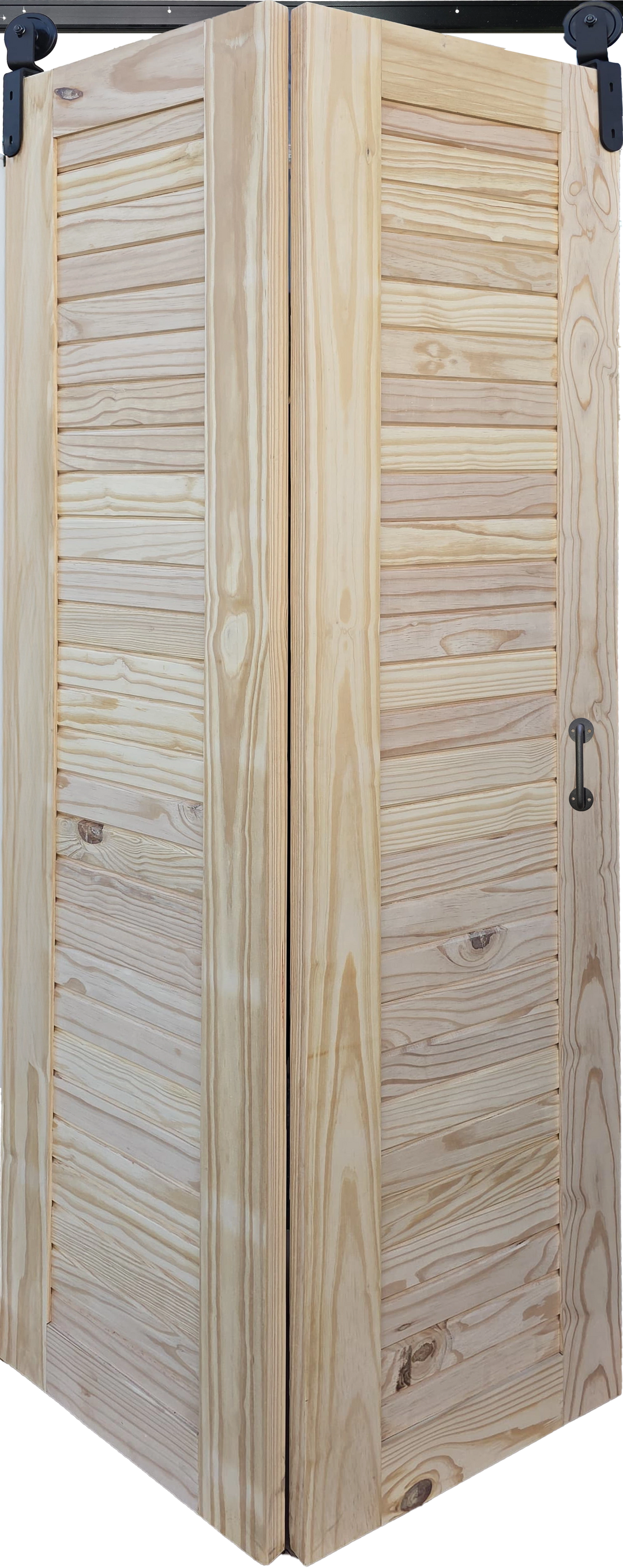 Natural unfinished pine bifold barn door with horizontal slats and a handle