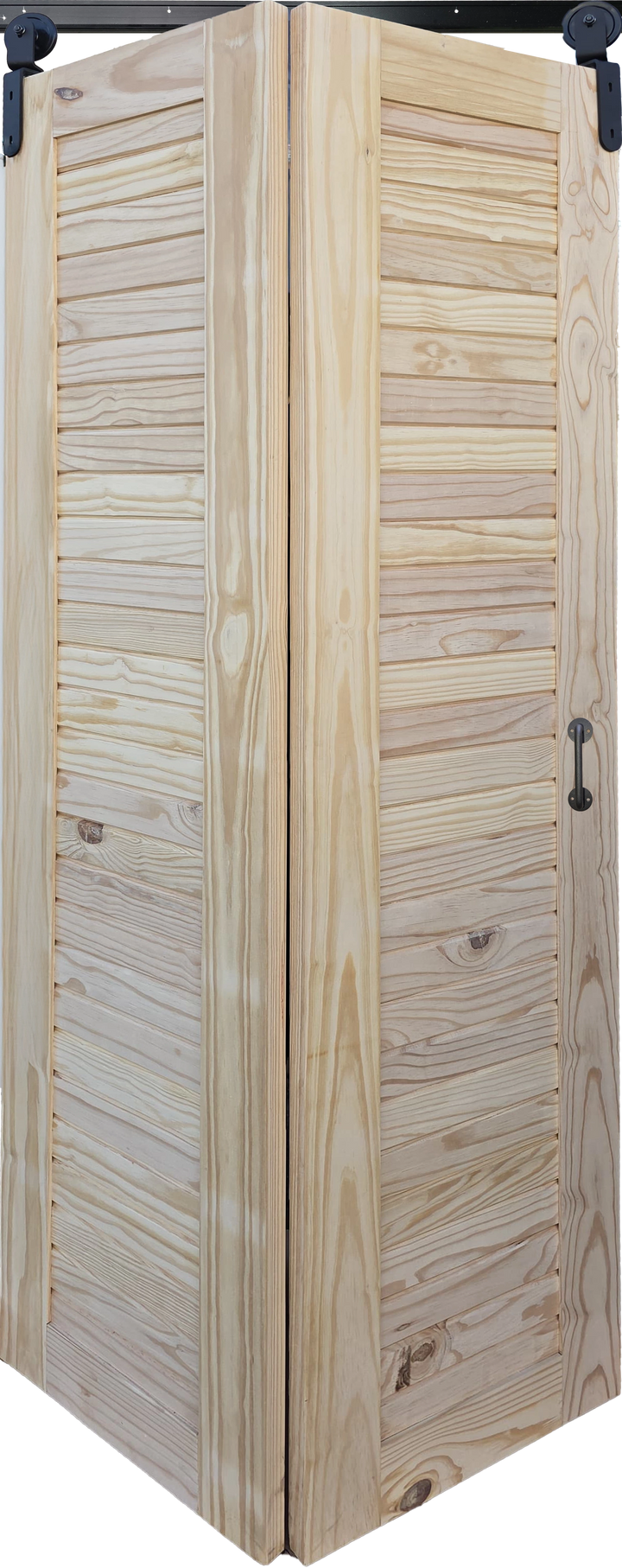 Natural unfinished pine bifold barn door with horizontal slats and a handle
