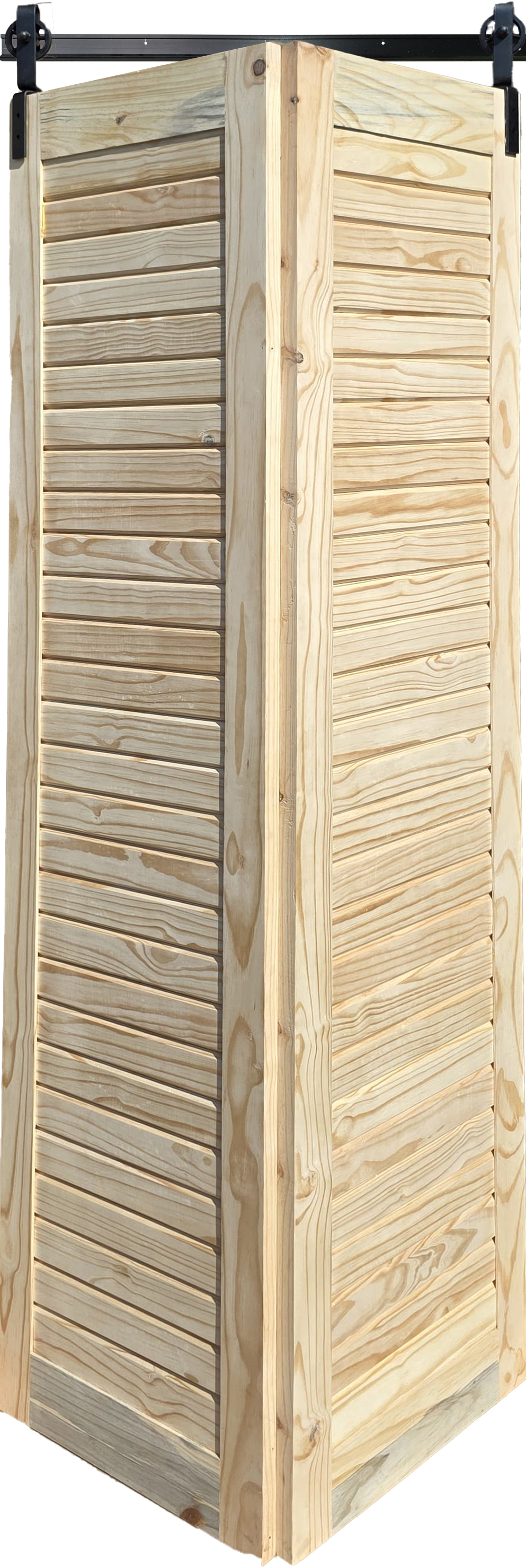 Natural unfinished pine bifold barn door with horizontal slats