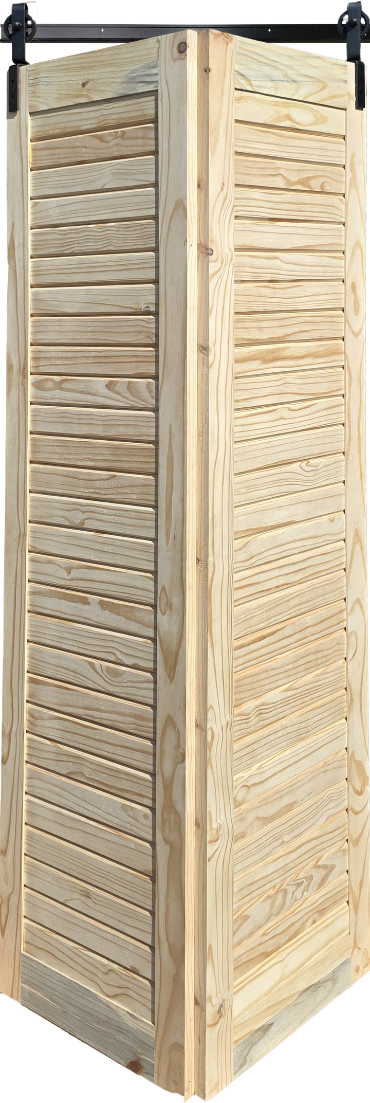 Natural unfinished pine bifold barn door with horizontal slats