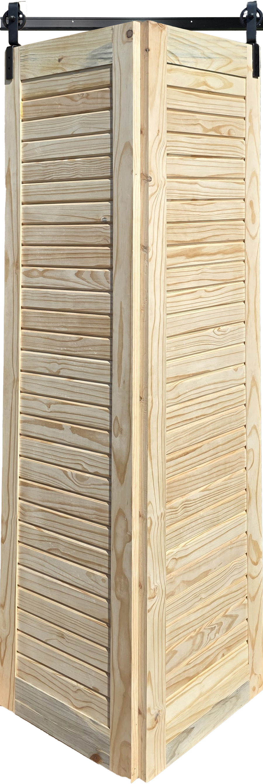 Natural unfinished pine bifold barn door with horizontal slats