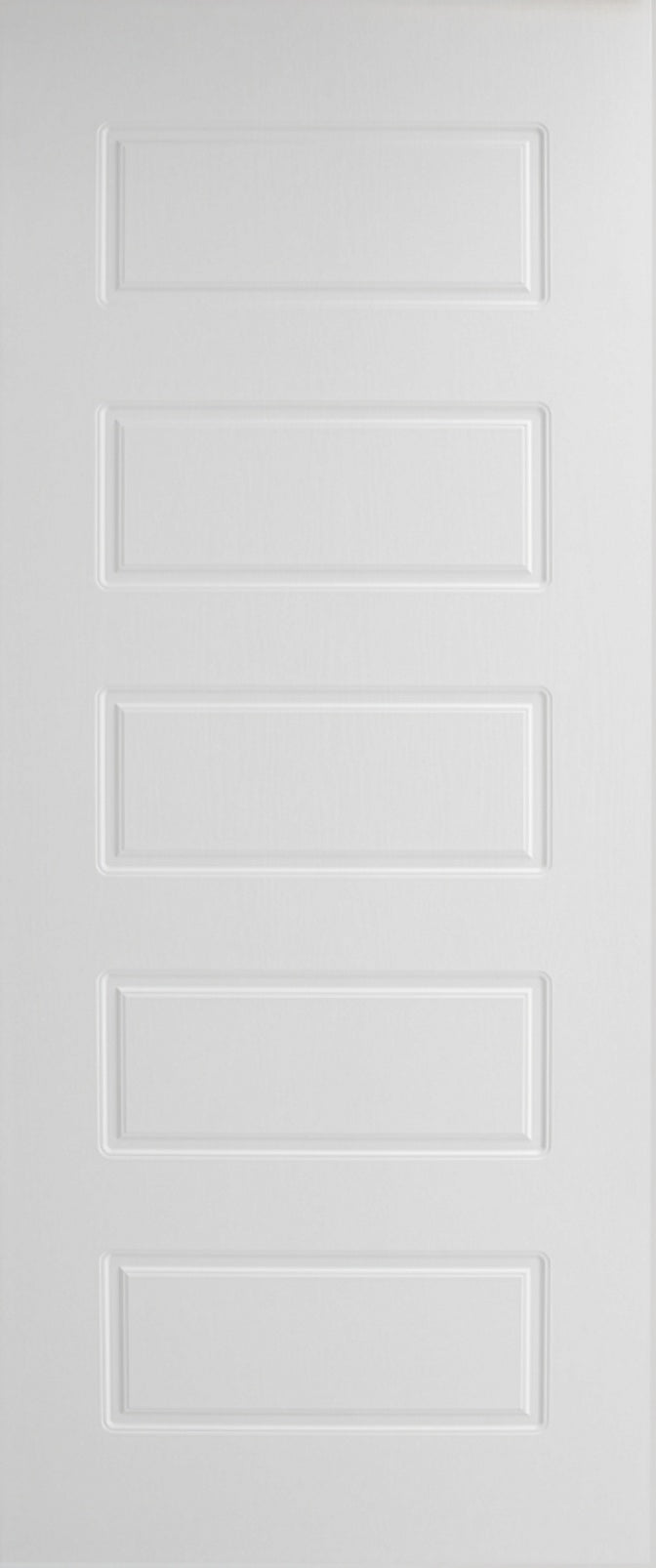 White Ash Horizontal internal door with moisture-resistant PVC skin, 5-panel deep moulded contemporary design, size 813x2032x40mm.