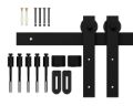 Complete black barn door hardware kit with rollers, screws, and floor guides for installation