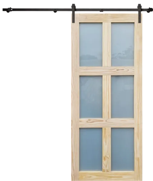 Frosted Glass 6-Panel Pine Barn Door with Black Sliding Hardware