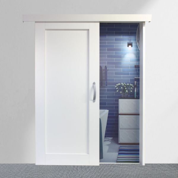 Delta Sliding Door installed in a modern bathroom with blue tiles